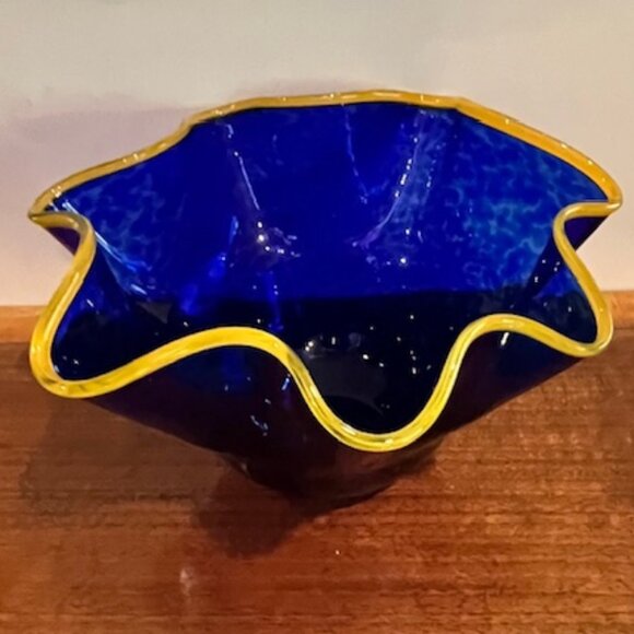 Glass Eye Studio Mottled Cobalt Blue with Gold Ruffle Rim Bowl Blown Glass - Picture 5 of 11
